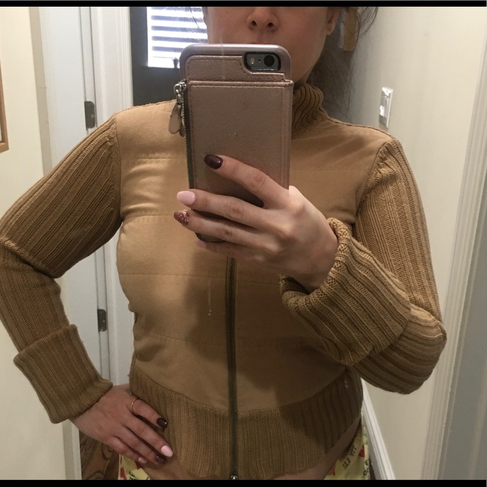 Armani exchange short fitted tan sweater jacket